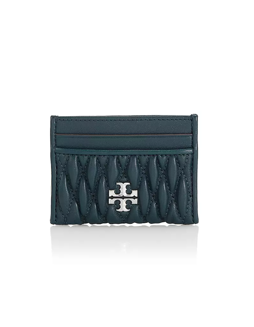 Tory Burch Kira Ruched Leather Card Case in Teal Night