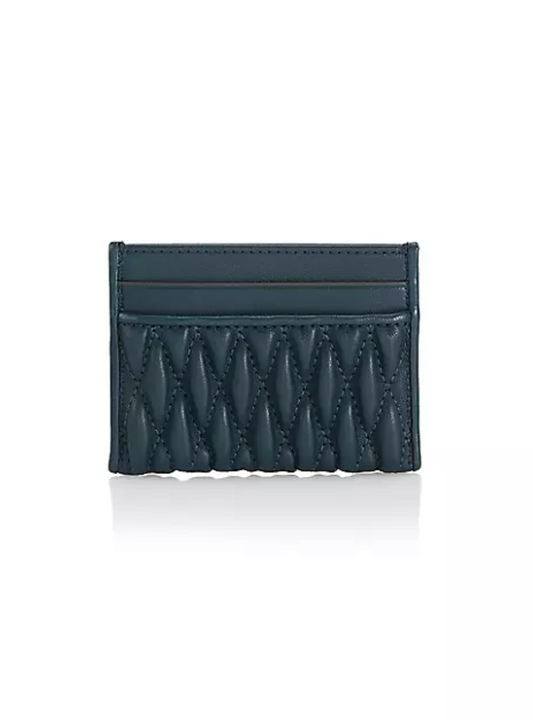 Tory Burch Kira Ruched Leather Card Case in Teal Night