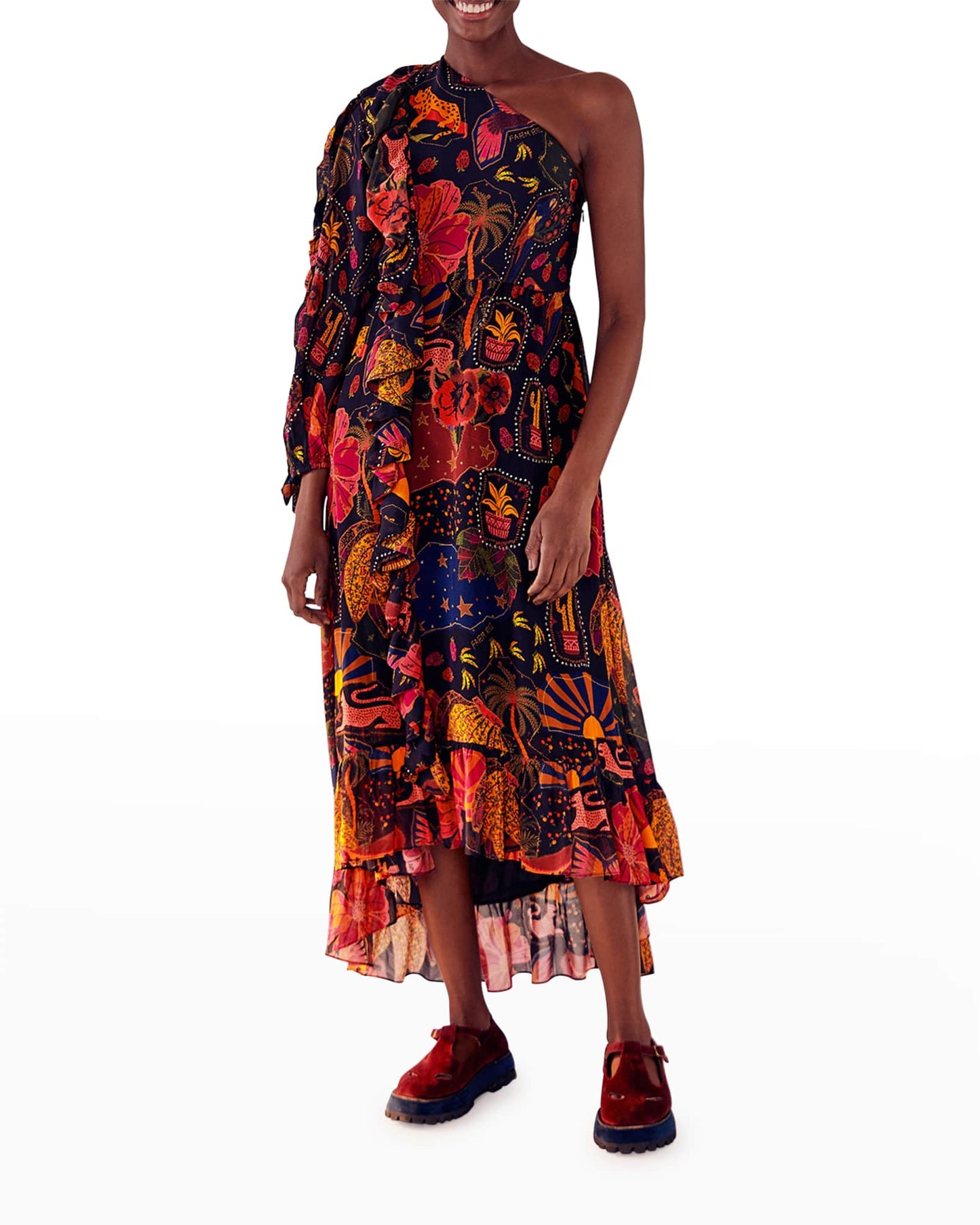 Farm Rio Crazy Mix One-Shoulder Midi Dress - Size S