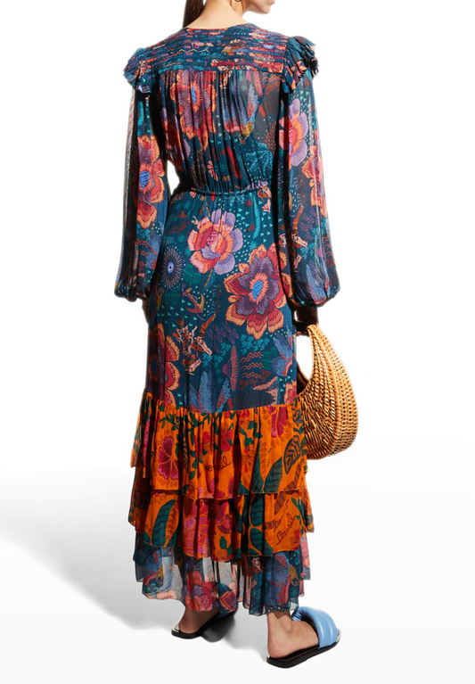 Farm Rio River Creatures Mix-Print Maxi Dress - L