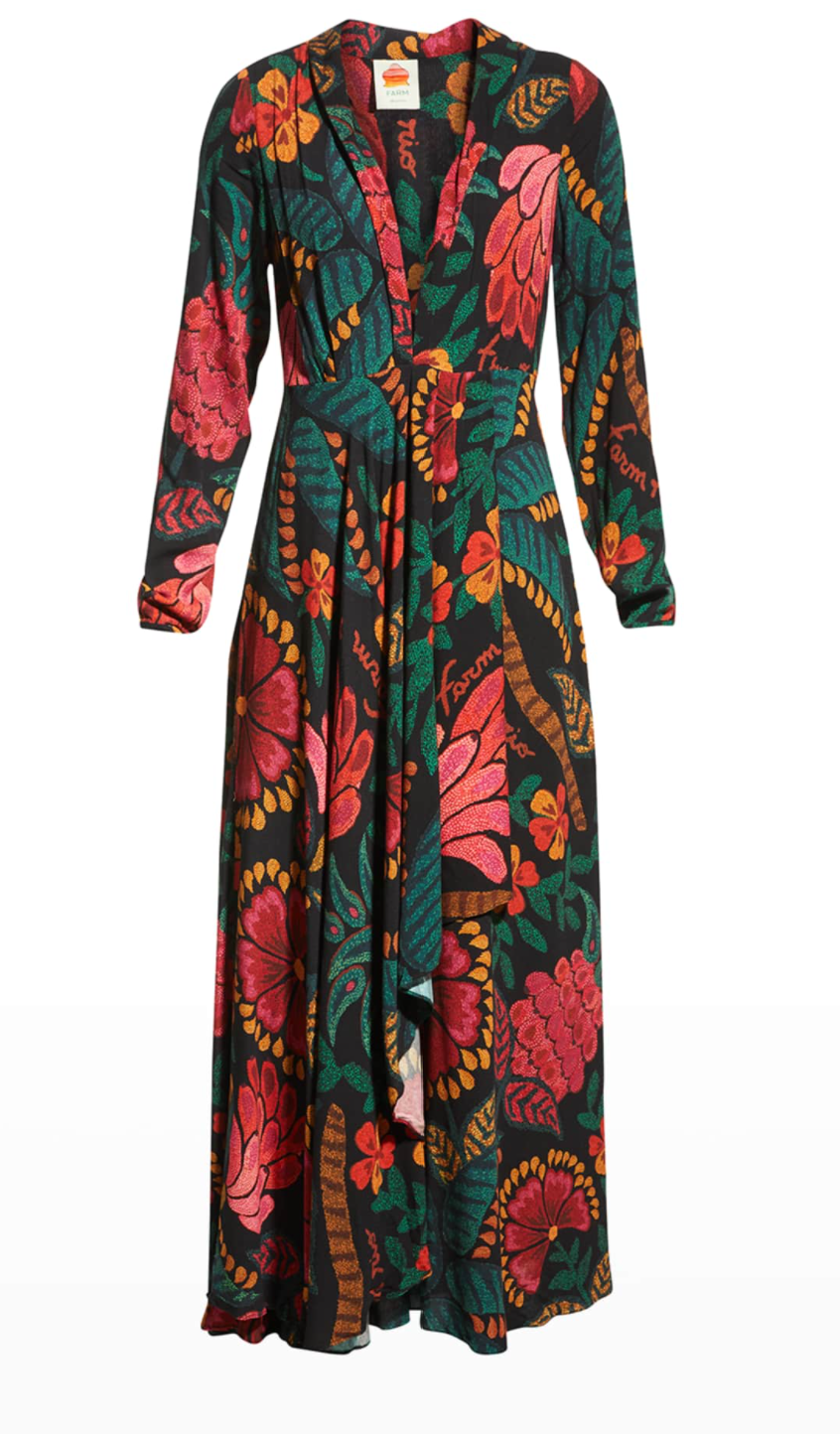 Farm Rio Plunging Long-Sleeve Floral Maxi Dress - M