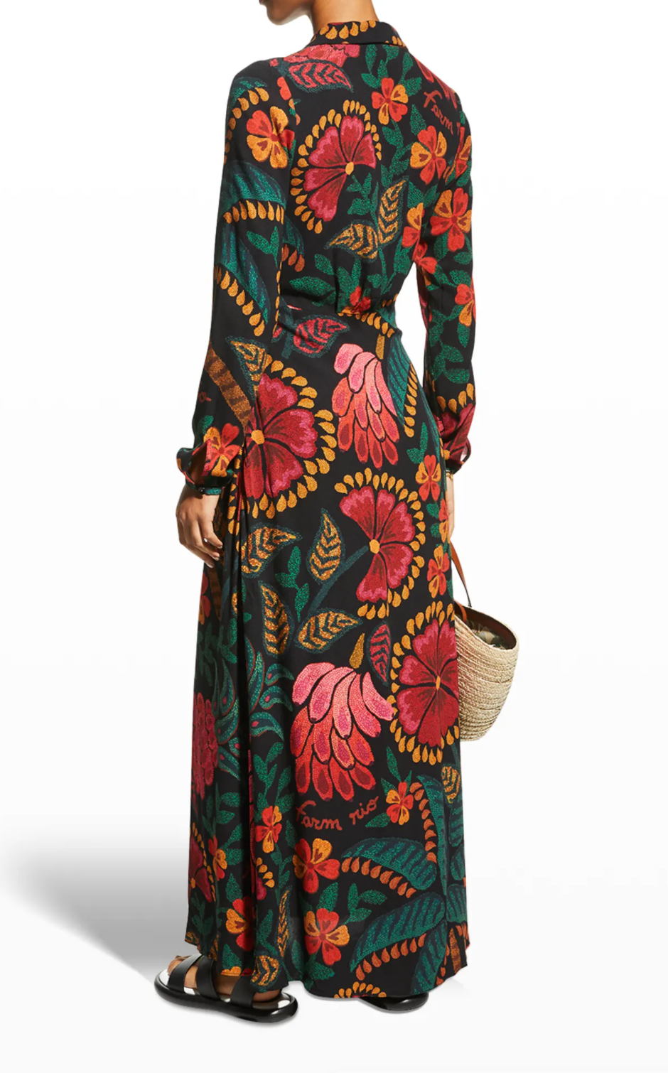 Farm Rio Plunging Long-Sleeve Floral Maxi Dress - M