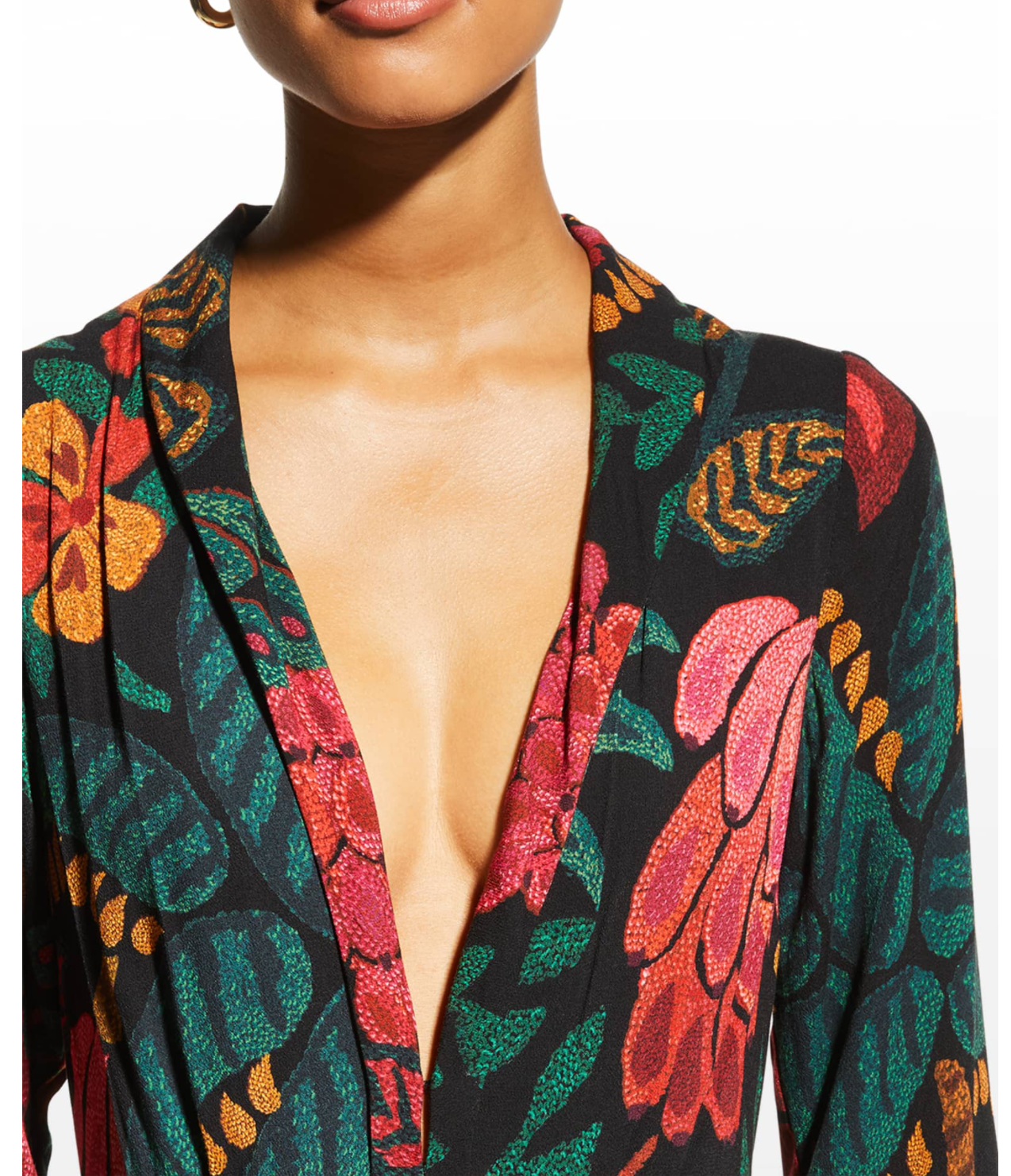 Farm Rio Plunging Long-Sleeve Floral Maxi Dress - M