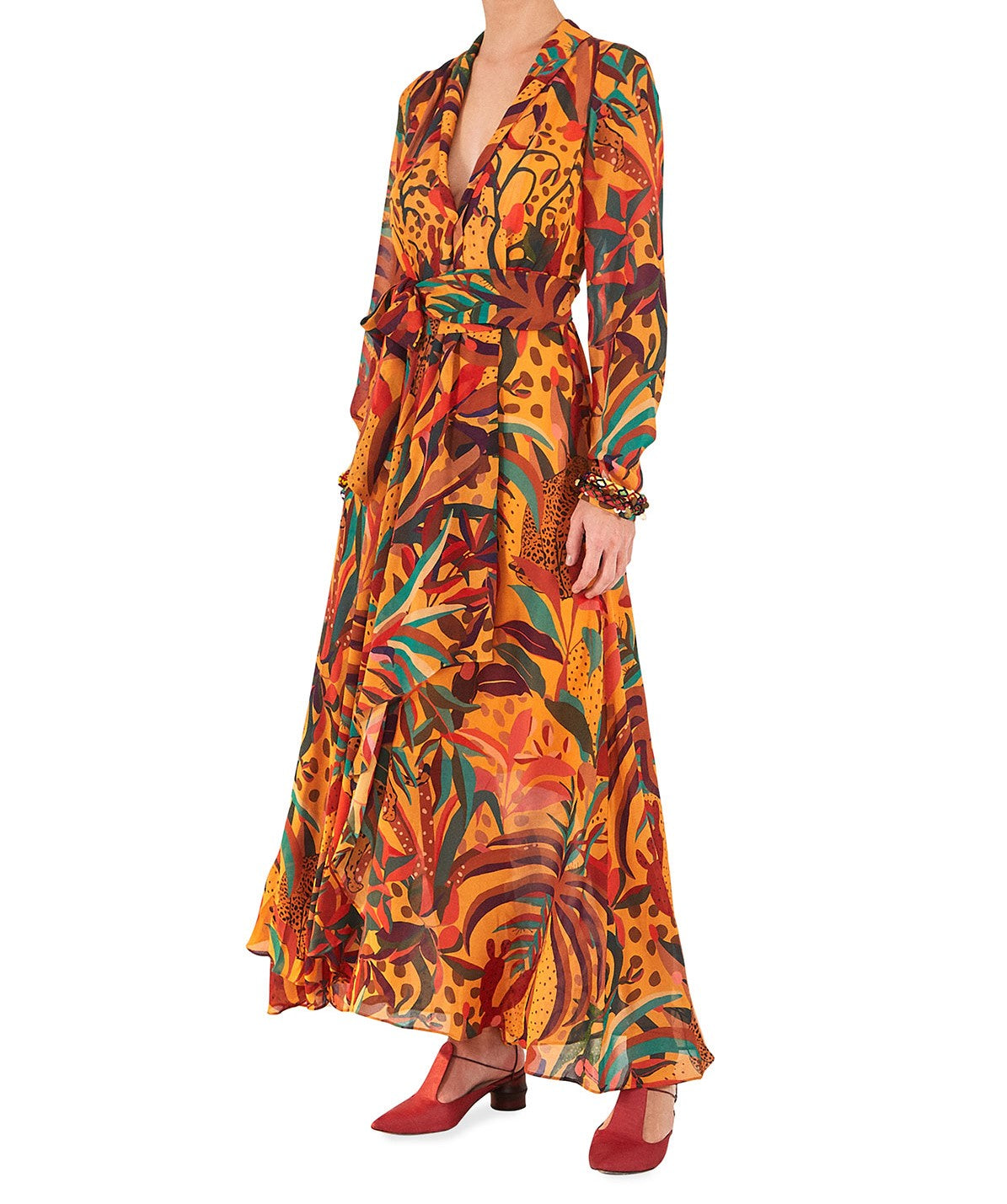 Farm Rio Golden Jungle V-Neck Maxi Dress - M