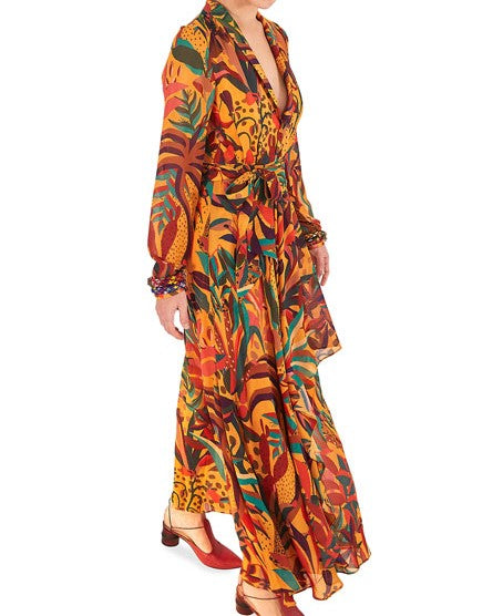 Farm Rio Golden Jungle V-Neck Maxi Dress - M