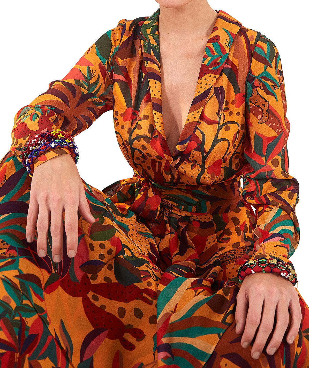 Farm Rio Golden Jungle V-Neck Maxi Dress - M