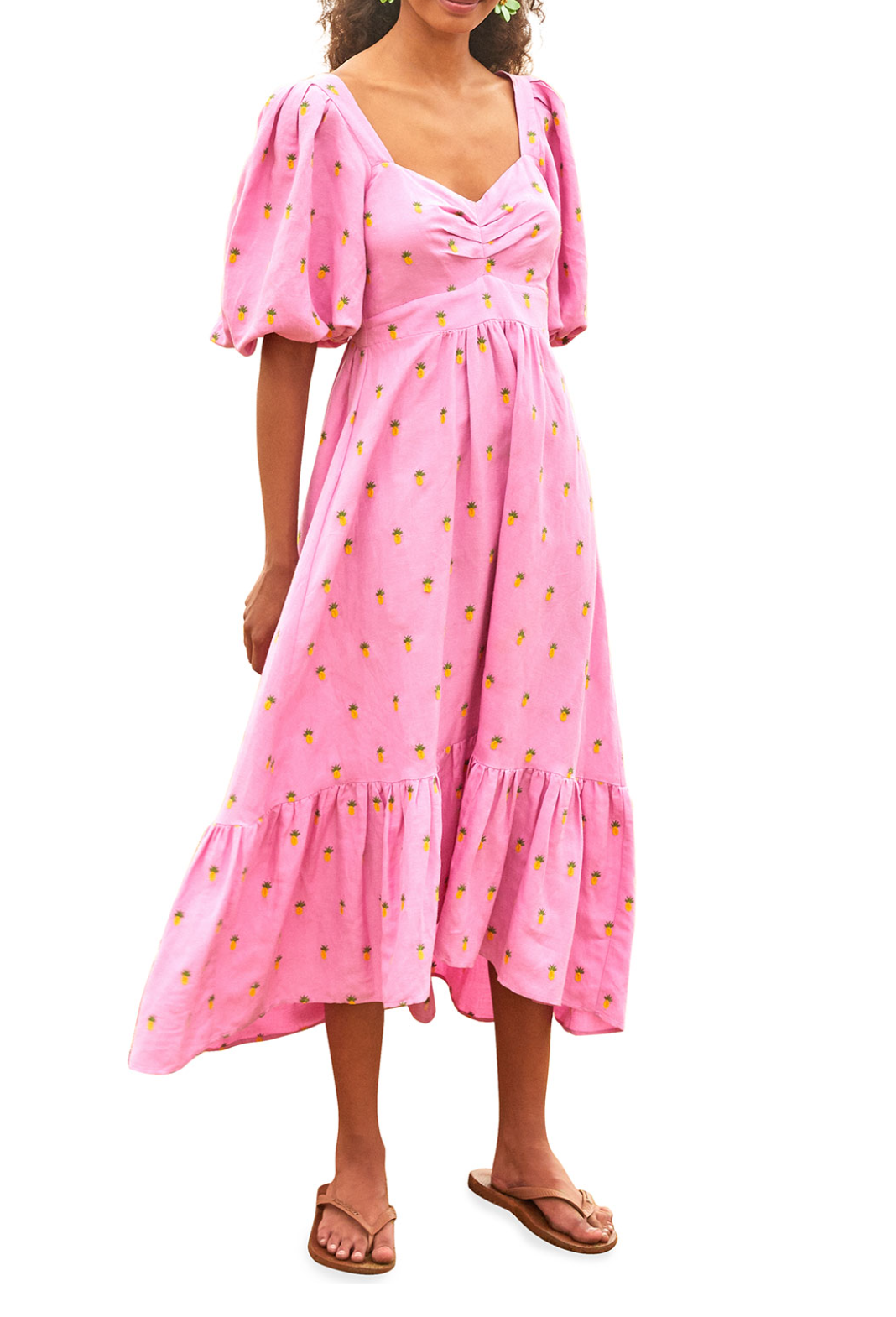 farm rio embroidered pineapples pink midi dress Farm Rio XS Embroidered Pineapples Pink Linen Midi Dress