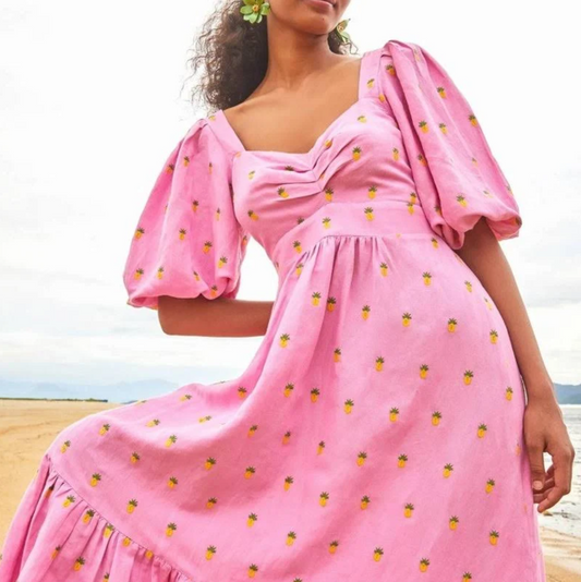 Farm Rio Embroidered Pineapples Midi Sweetheart Dress - S