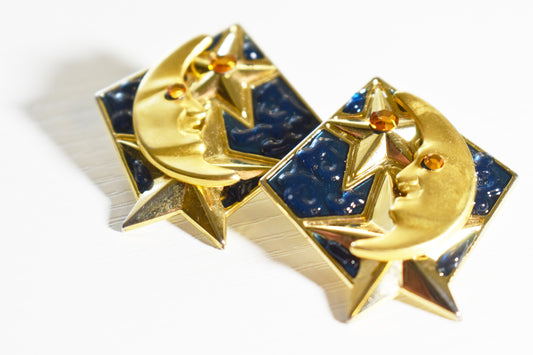 Vintage Cresent Moon & Stars Earrings