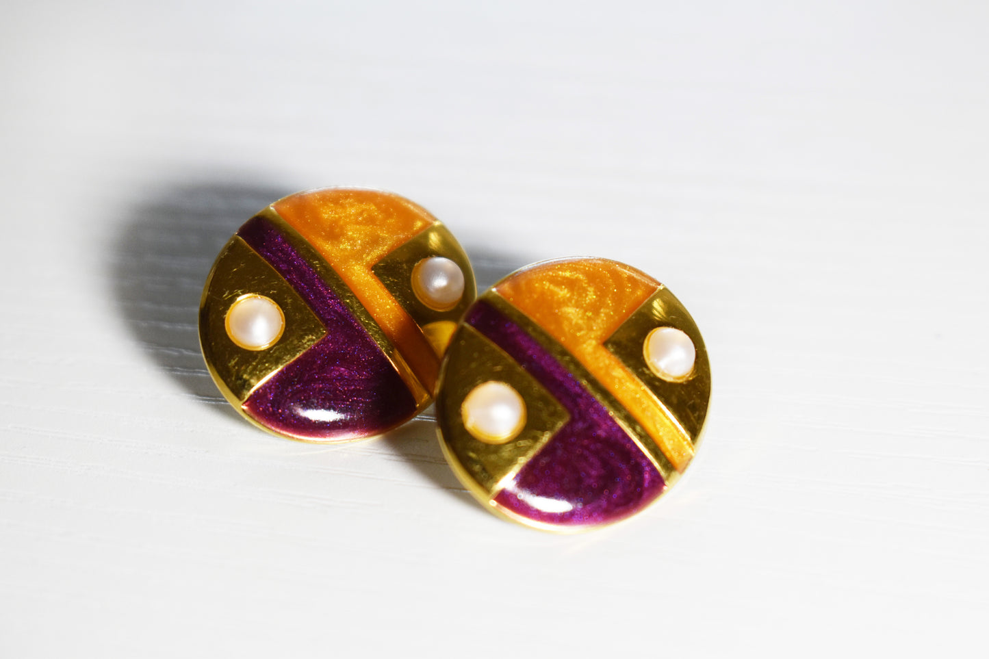 Vintage Geometric Enamel Earrings with Faux Pearls