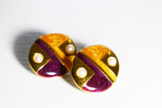Vintage Geometric Enamel Earrings with Faux Pearls
