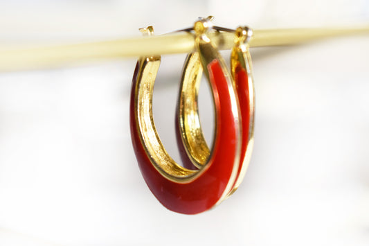 Vintage Red Enamel Horse Shoe Hoop Earrings