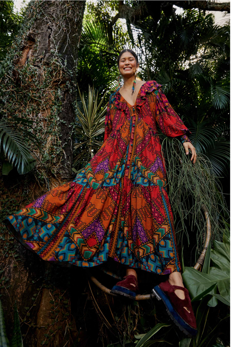 Farm Rio V-neck Blouson-sleeve Maxi Dress Yawanawa - Size S