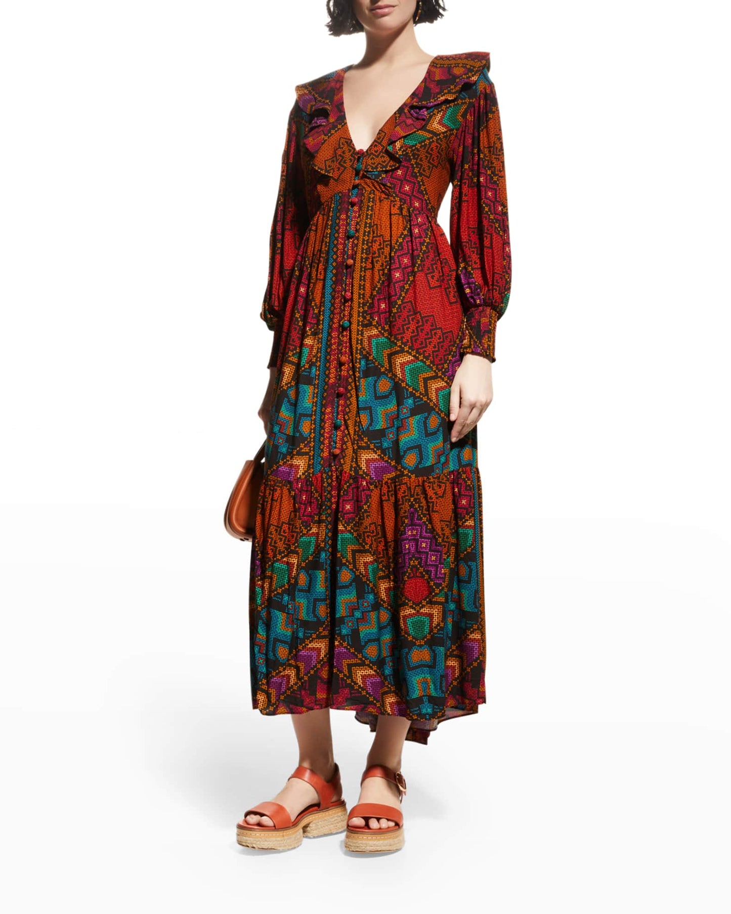 Farm Rio V-neck Blouson-sleeve Maxi Dress Yawanawa - Size S
