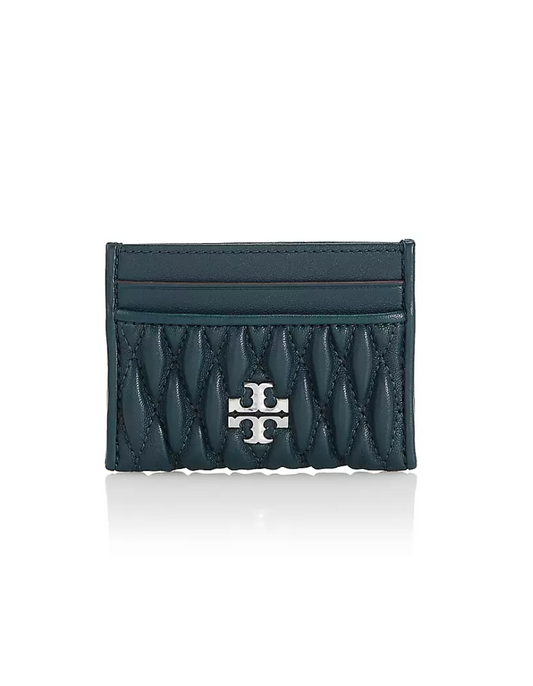 Tory Burch Kira Ruched Leather Card Case in Teal Night