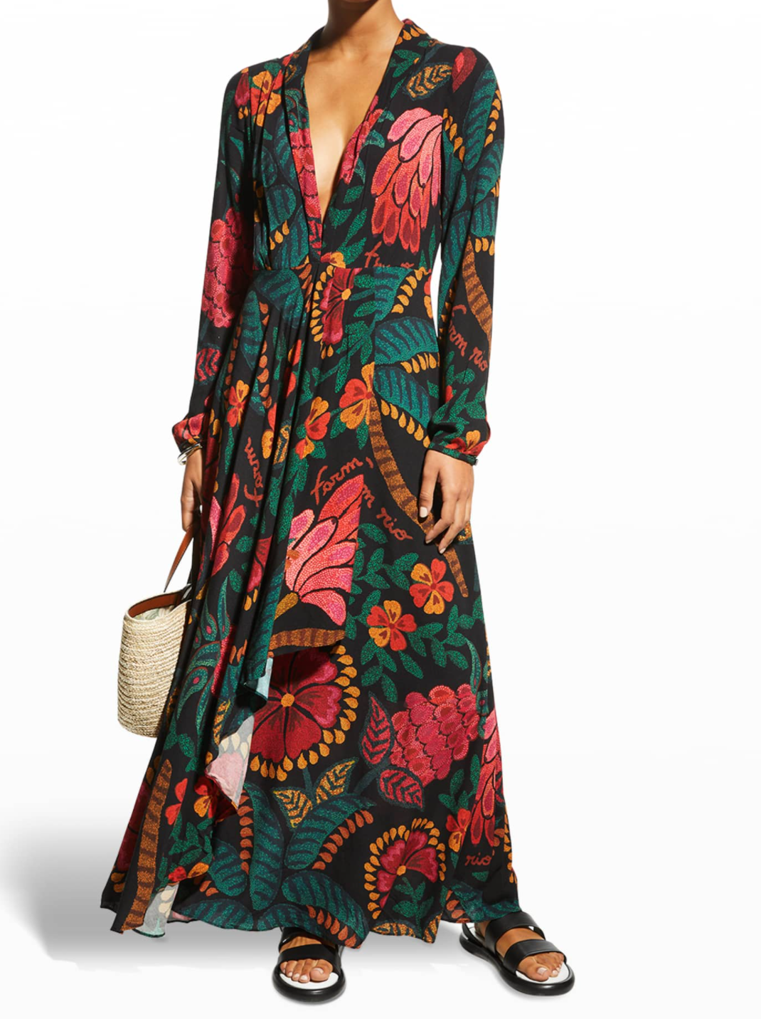 Farm Rio Plunging Long-Sleeve Floral Maxi Dress