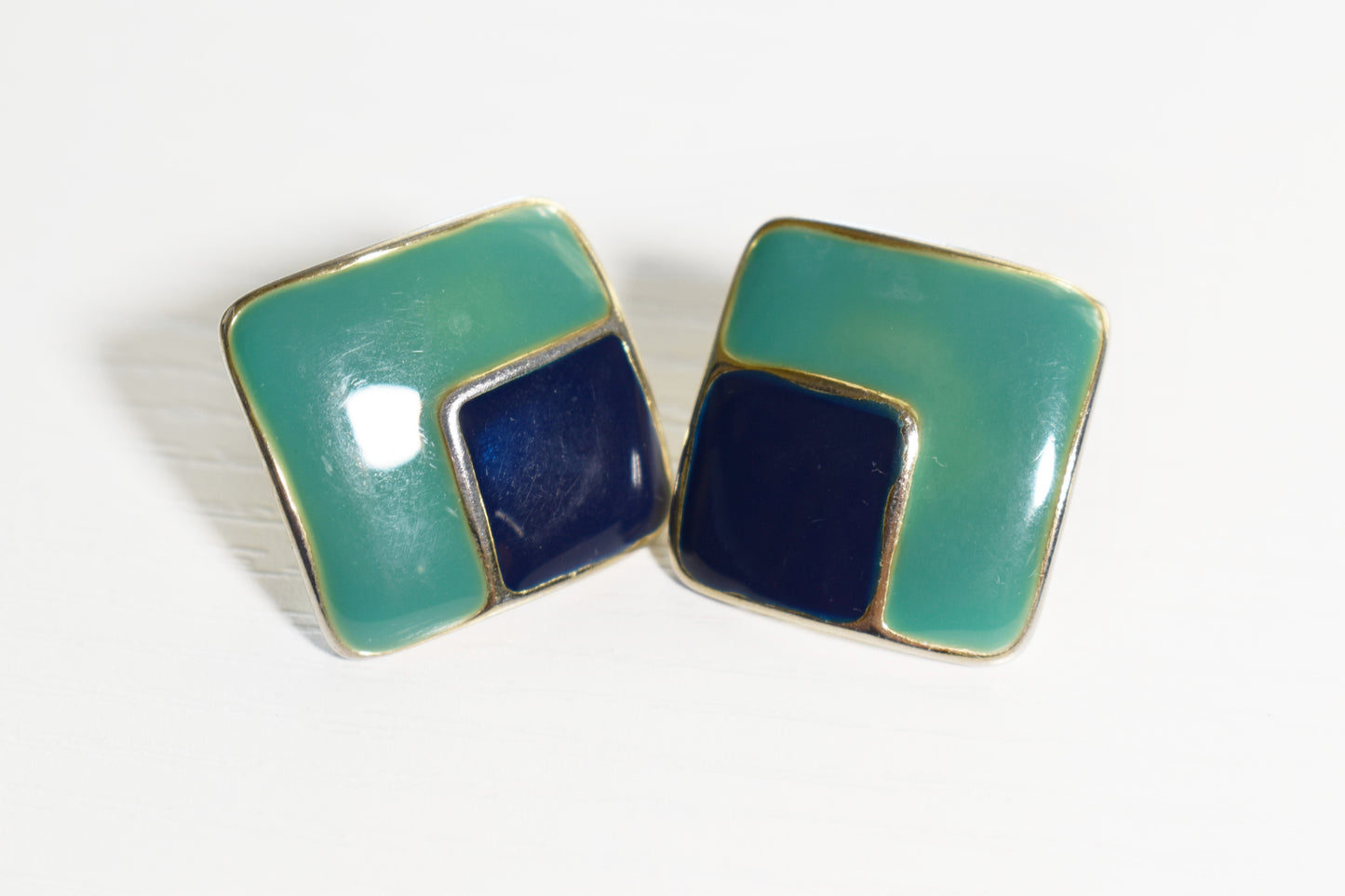 Vintage Mint Green & Blue Enamel Square Earrings