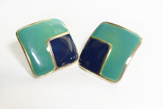 Vintage Mint Green & Blue Enamel Square Earrings
